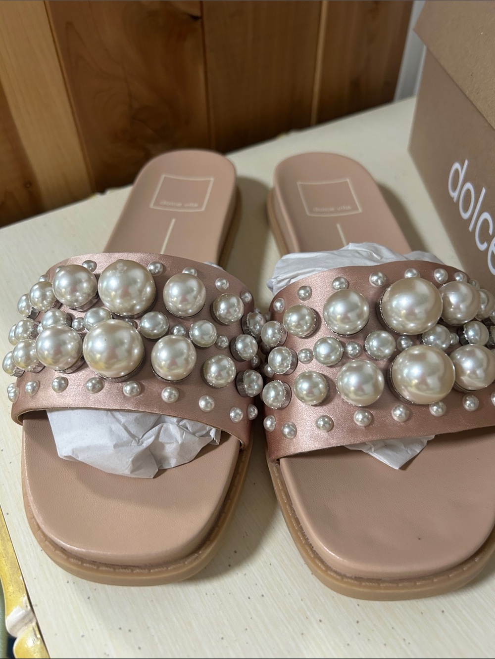 Dolce Vita Blush Pearl-Studded Slide Sandals - Picture 2 of 8